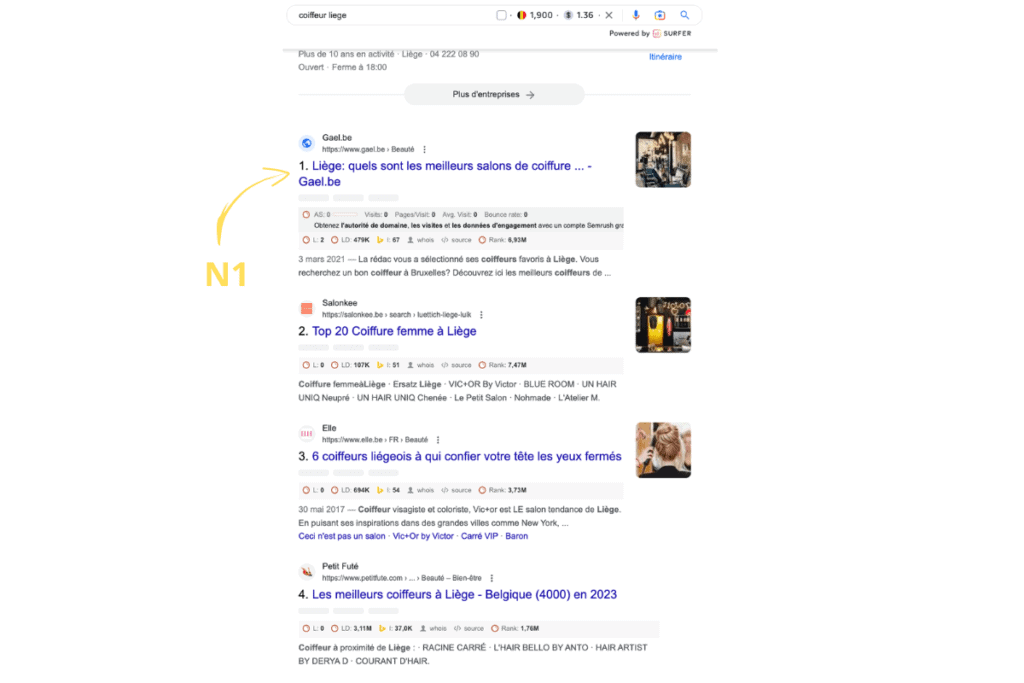 une photo de page internet pour la recherche coiffeur qui montre la premiere page des résultats de recherche seo